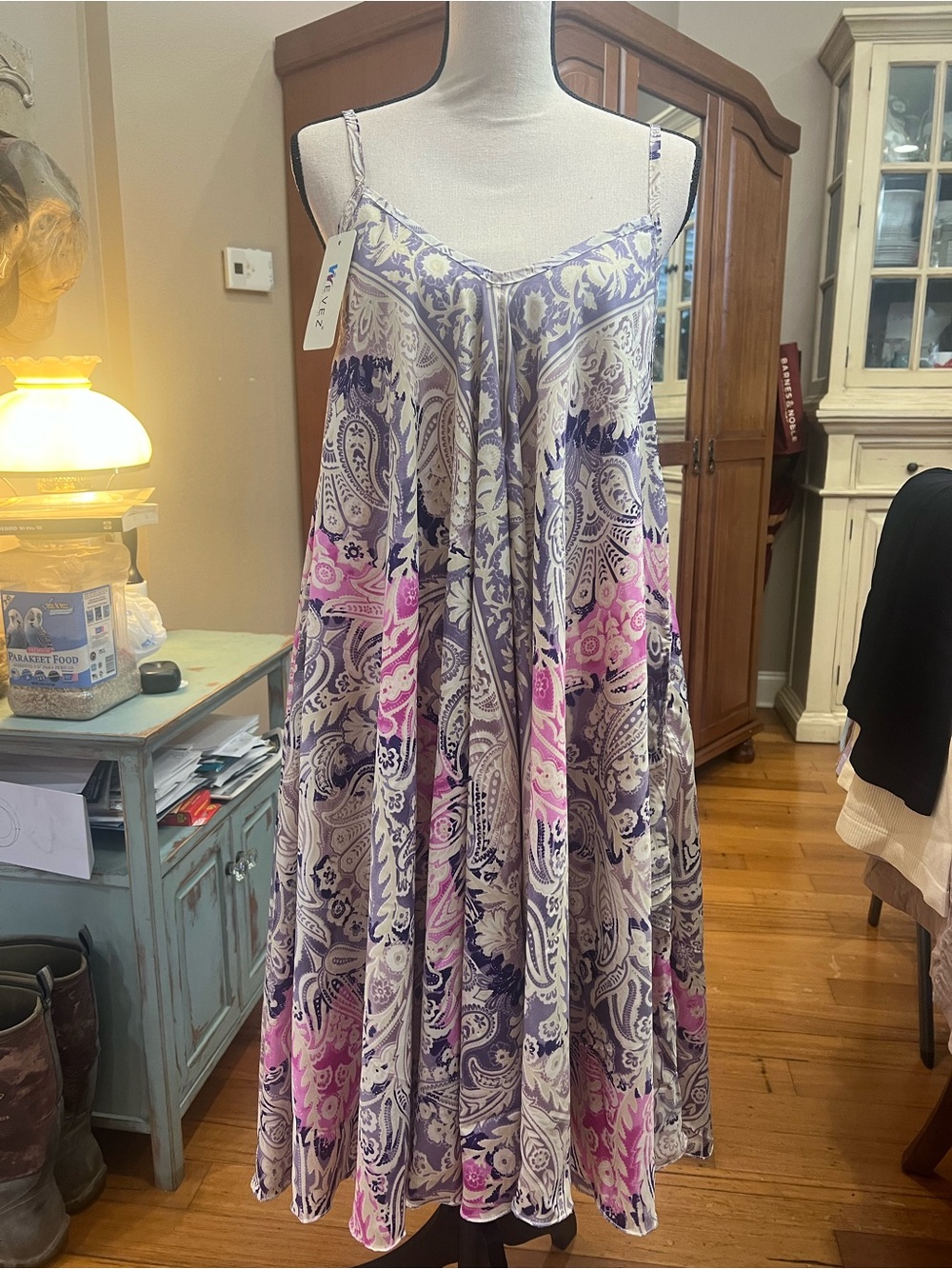 Flowy Paisley Spaghetti Strap Dress in Lavender & Pink 100% silk